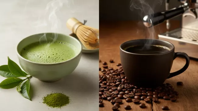 Šálky s matcha tee a kávou