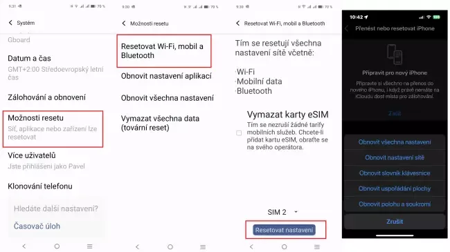 Reset síťových připojení na Androidu a iOS