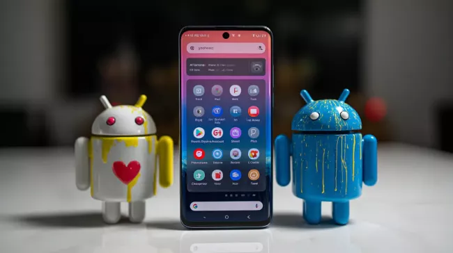 Androidový telefon v doprovodu dvou panáčků Android