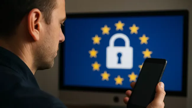 Uživatel se smartphonem, v pozadí symbol EU a visacího zámku