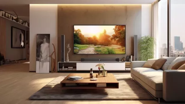 Obývací pokoj s velikým televizorem