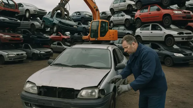 Dělník připravuje vozidlo na sešrotování