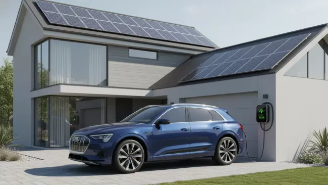 Moderní SUV parkuje u domu s fotovoltaickou elektrárnou