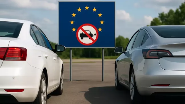 Spalovací nebo elektrický vůz -- ilustrace se symbolikou EU v pozadí