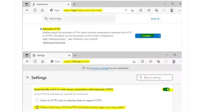 Nastavení vynuceného HTTPS v Edge