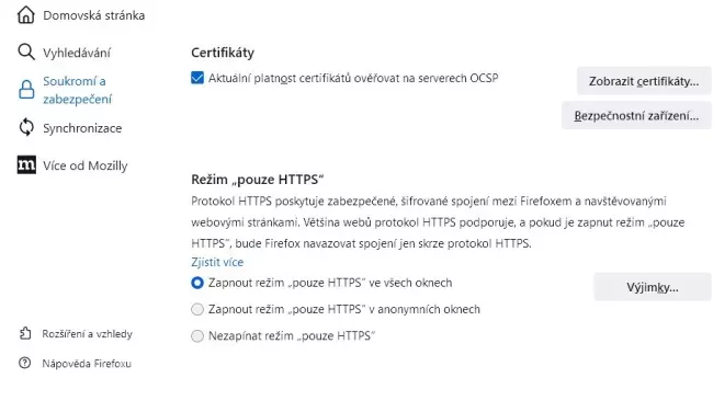 Nastavení HTTPS ve Firefoxu