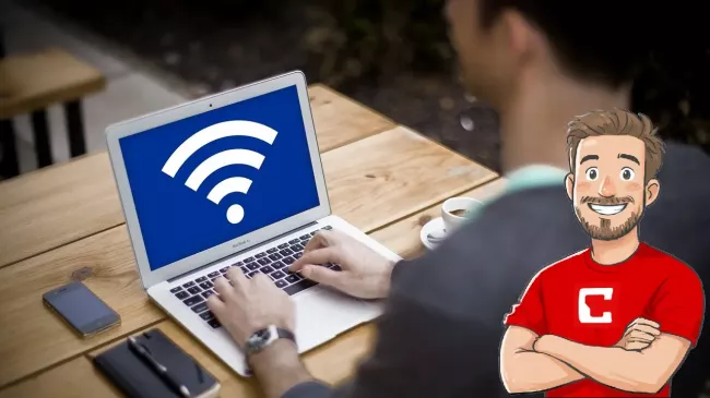 Uživatel má na displeji laptopu symbol Wi-Fi