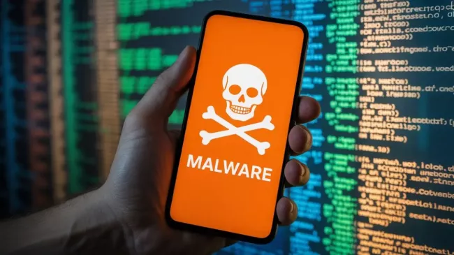 Mobilní telefon se symbolem varování na displeji v ruce uživatele