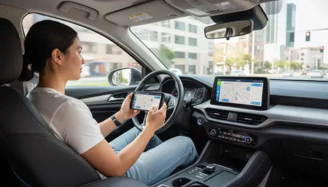 Řidička vozu sleduje navigaci jak na infotainmentu, tak i mobilu