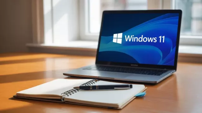 Zátiší s laptopem a Windows 11 na jeho displeji