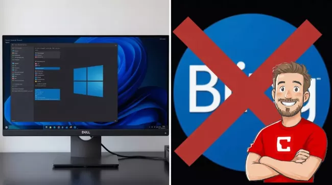Kolž s monitorem zobrazujícím desktop Windows a přeškrtnutým nápisem Bing