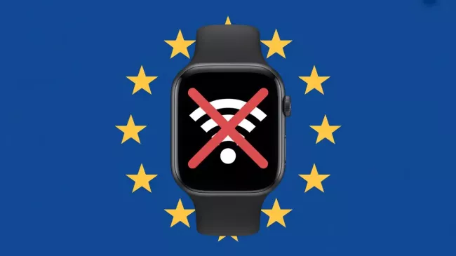 Přeškrtnutý symbol Wi-Fi na iWatch se symbolikou EU v pozadí