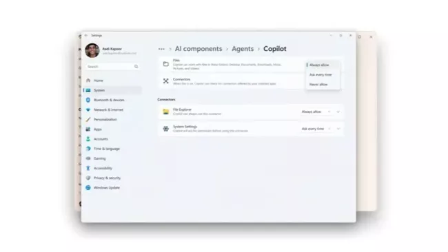 Okno zobrazující propojení agenta AI s aplikacemi ve Windows