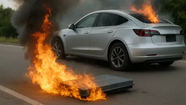 Hořící elektromobil a vedle něj hořící baterie