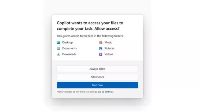 Vyskakovací okno s povolením agenta AI ve Windows k přístupu k dokumentům