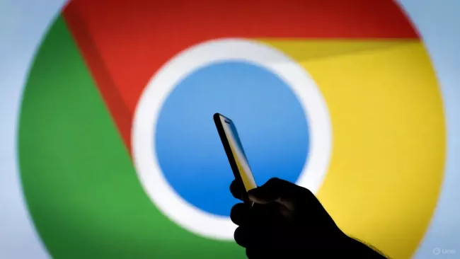 Smartphone v rukou uživatele a v pozadí je logo Google Chrome