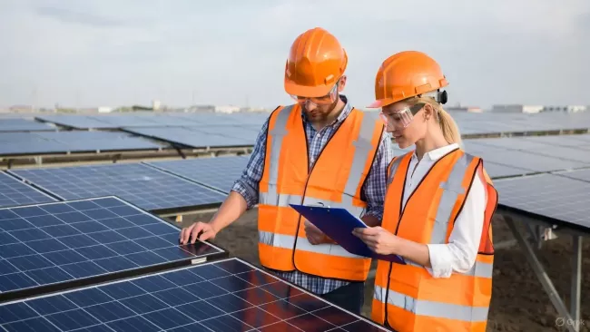 Inspektoři prověřují fotovoltaické panely.