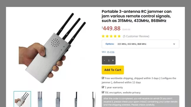 Příklad rušičky pro bezklíčové zamykání vozidla