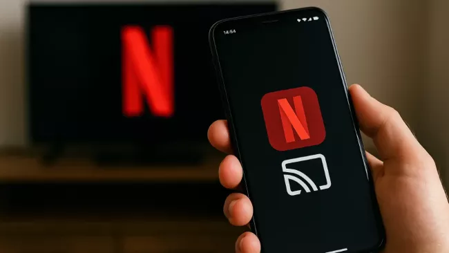 Obrázek symbolizuje přenos obsahu Netflixu z mobilu na TV