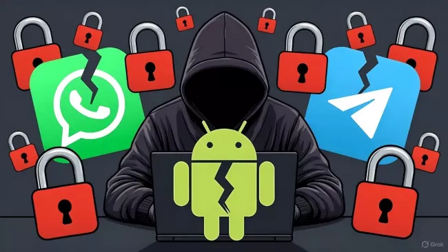 Hacker a kolem něj loga WhatApp a Telegramu