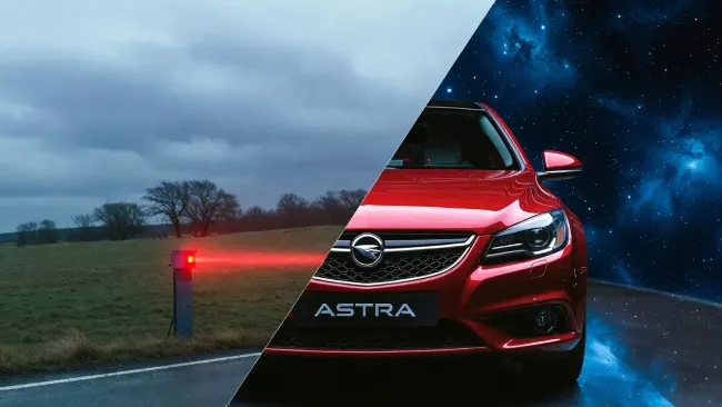 Rychlostní radar a vozidlo Opel Astra zepředu
