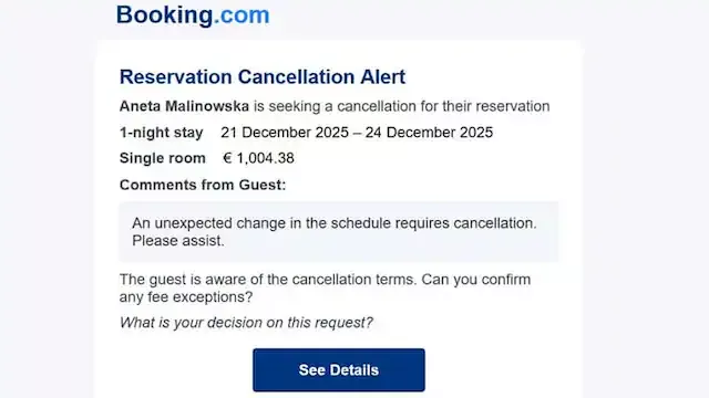 Falešná zpráva o stornu ubytování z Booking.com