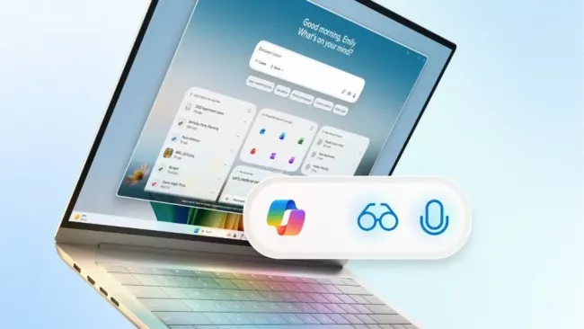 Loga Copilotu a na pozadí laptop s Windows 11