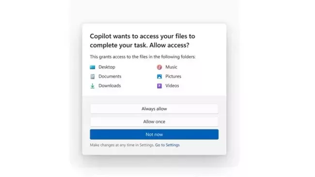 Vyskakovací okno s povolením agenta AI ve Windows k přístupu k dokumentům