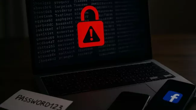 Hacker píše na klávesnici a na laptopu za ním je symbol zámku