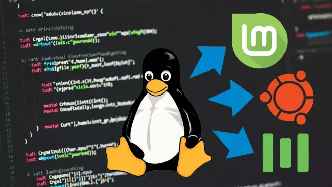 Maskot Linuxu, tučňák Tux, a loga některých distribucí kolem něj