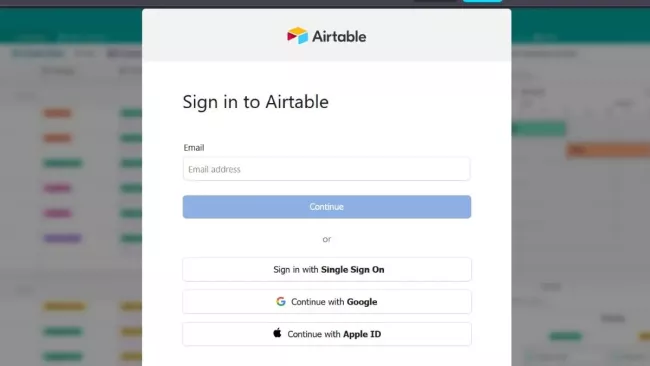 Přihlašovací okno ke stránce Airtable