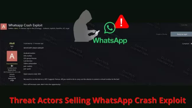 Ukázka nabídky malwaru, útočícího na WhatsApp, v prostředí darknetu