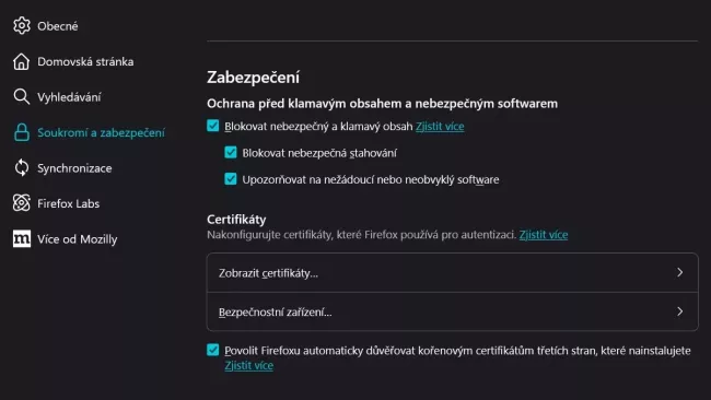 Nastavení soukromí ve Firefoxu