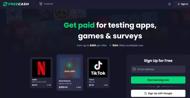 Landing page služby Freecash