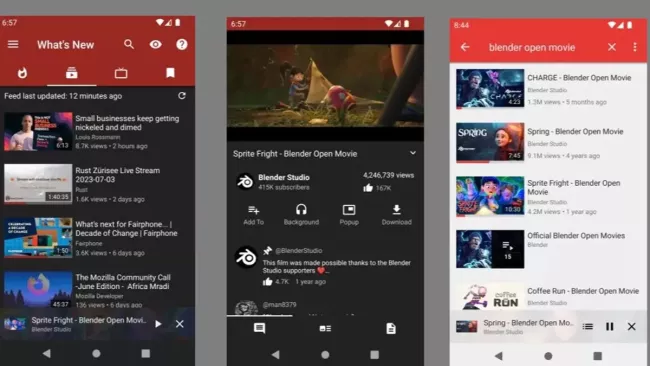 Prostředí aplikace NewPipe