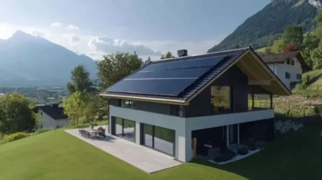 Dům s fotovoltaickou elektrárnou na střeše v podhůří Alp