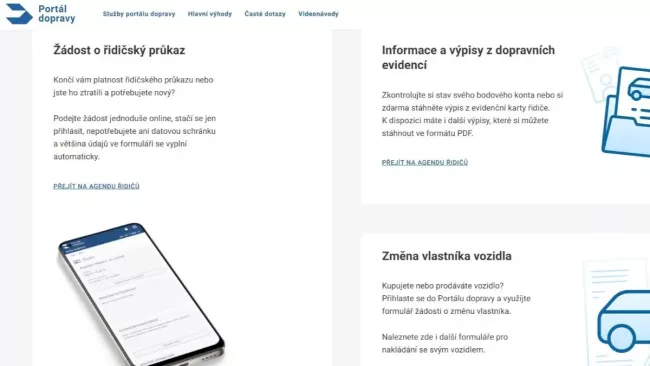 Základní obrazovka Portálu dopravy