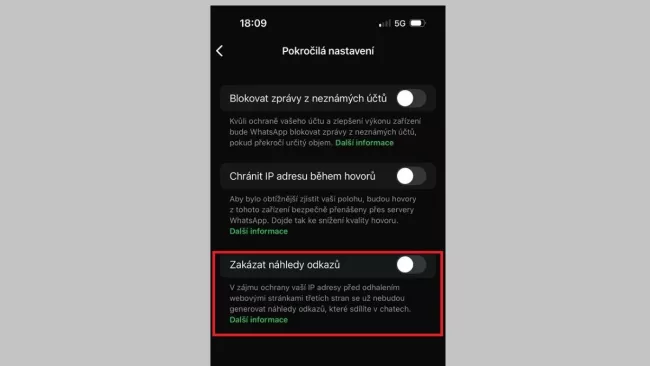 WhatsApp nastavení zákazu automatických odkazů