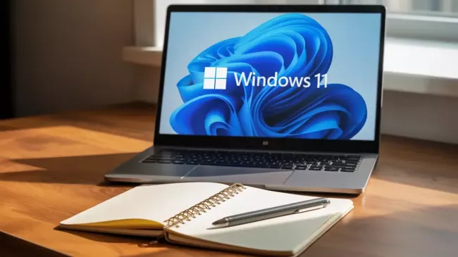Pracovní plocha Windows 11 na displeji laptopu