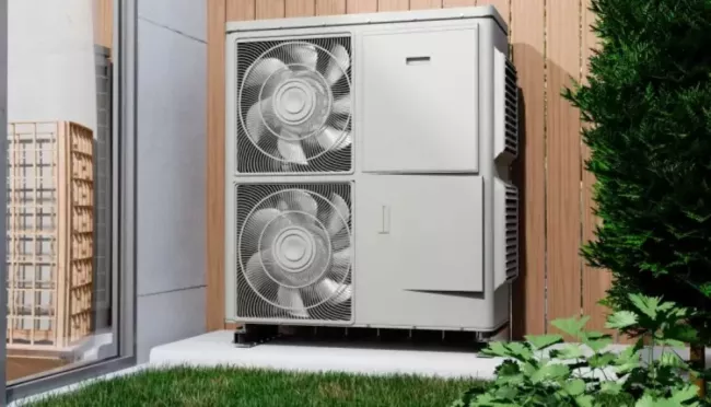 Dvě tepelná čerpadla, umístěná u stěny rodinného domu