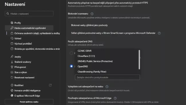 Nastavení alternativní DNS v Edge