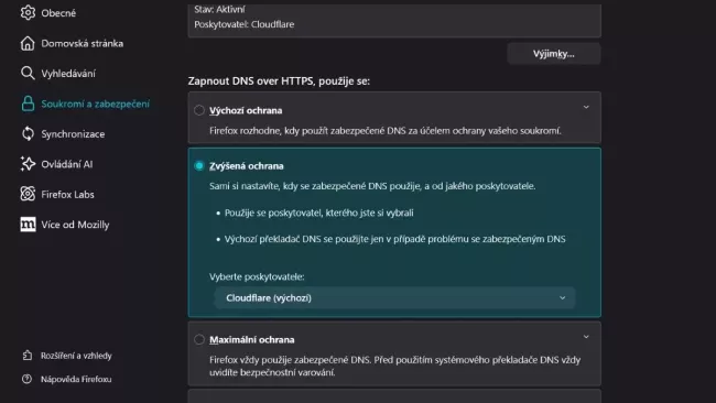 Nastavení stupně ochrany zabezpečení v prohlížeči Firefox