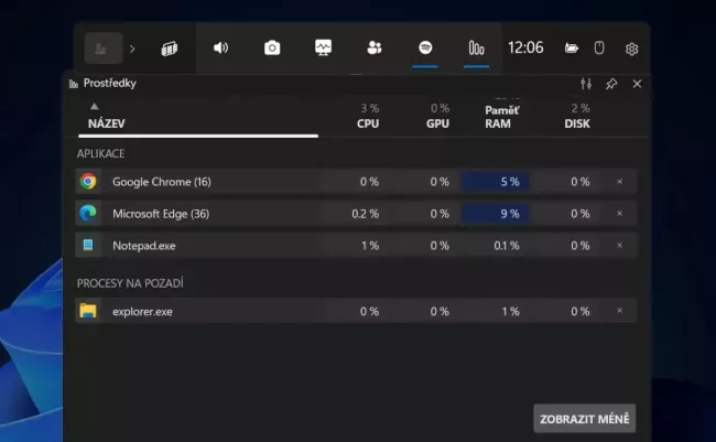 Správce úloh v Game Baru Windows 11
