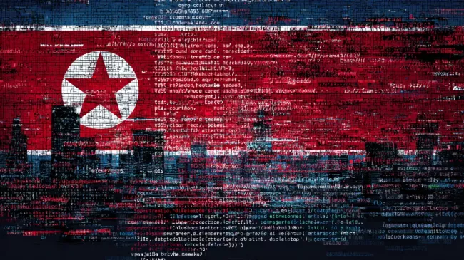 Vlajka Severní Koreje a textura počítačového kódu přes ní