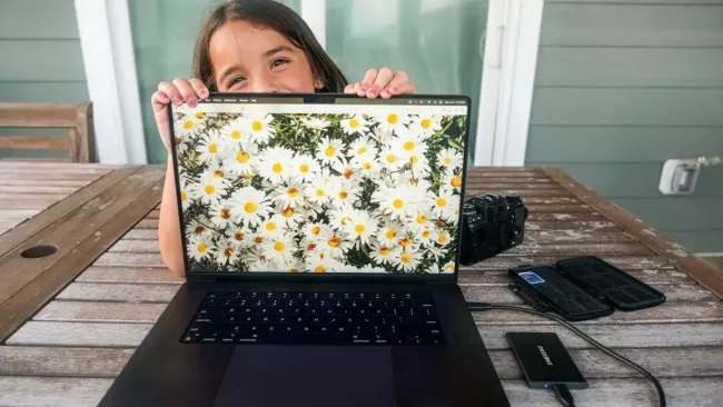 Dívka ukazuje laptop a a displeji je pole kopretin