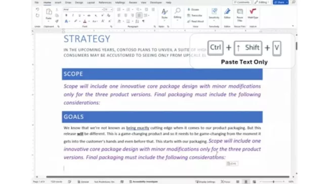 Popis významu klávesové zkratky Ctrl+Shift+V ve Wordu