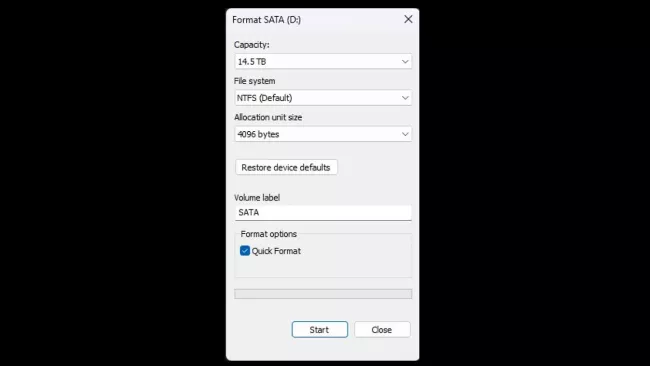 Dialog pro formátování disku ve Windows