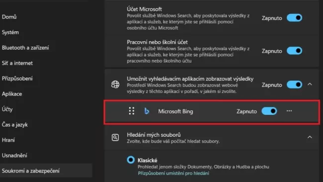 Deaktivace Bingu ve vyhledávání Windows