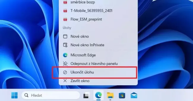 Kontextová nabídka pro ukončení programu ve Windows 11