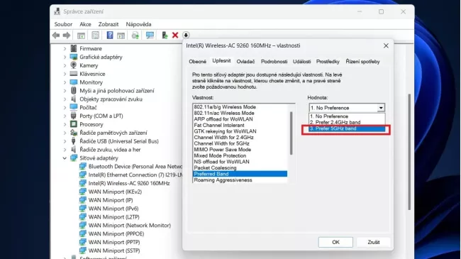 Nastavení preferovaného pásma Wi-Fi ve Windows 11